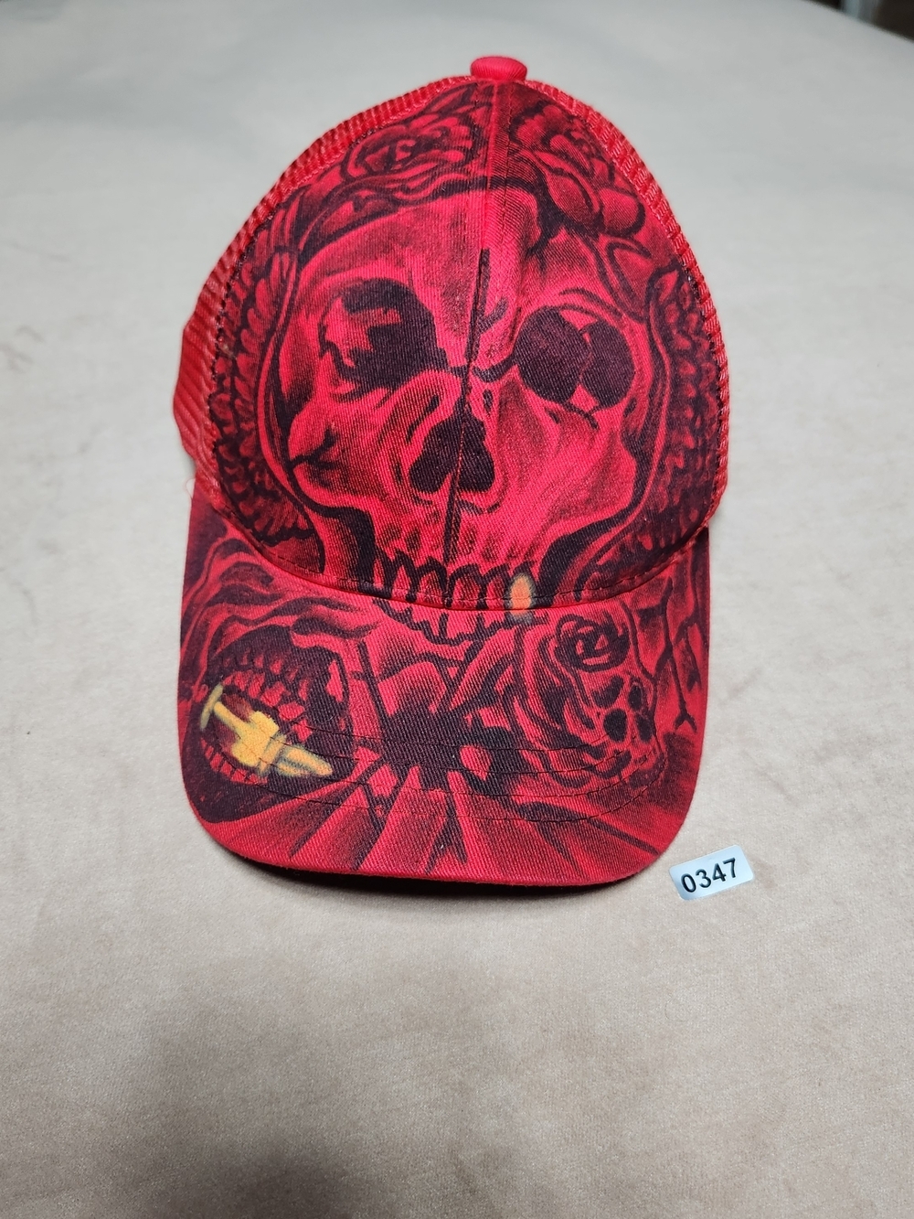 C.C Red Mesh Skull Art Work Trucker Hat Adult Size - Picture 6 of 7